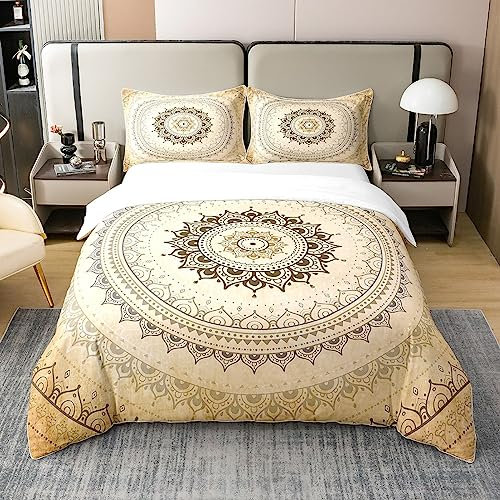 Loussiesd Boho Mandala Bettwäsche Set 220x240cm - 100% Baumwolle für Kinder, Bohemian Style, Hippie Gold Exotic Floral Drucken