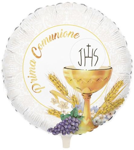 MYLAR PREMIÈRE COMMUNION CALICE BIBLE Ø 45 CM blanc or vert et fleur blanche pour décorations première communion