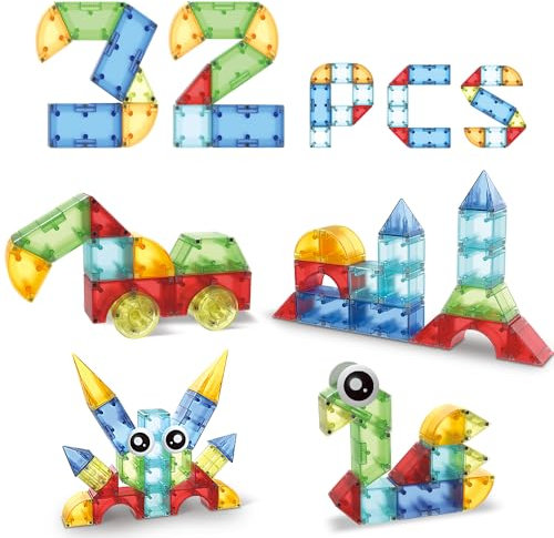 32 Piece Clear Magnetic Building Blocks Toy Set 16 Different Shapes & 9 Colors Build Vehicles, Animals, Figures, Great Gift for Kids Ages 3 & Up Boys Girls Toddlers STEM Preschool Early Learning Gift