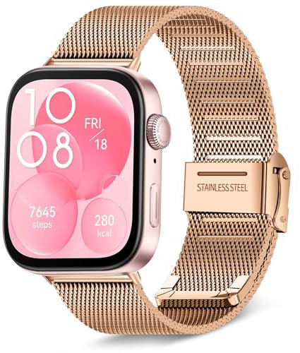 KeeFos Metall Armband Kompatibel mit Huawei Watch Fit 4 Pro/Fit 4/Fit 3, Herren Damen Uhrenarmband, Edelstahl Metall Ersatzarmband für Huawei Watch Fit4 Pro/Fit4/Fit3 - Roségold
