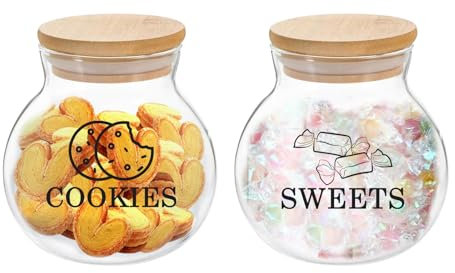 Gzsekken 2 Pack Sweet Jars with Lid,Airtight Cookie Jar,Glass Jar for Biscuit and Sweet, Glass Storage Containers with Bamboo Lid,Decorative Clear Kitchen Food Storage Canister of Snack,Treats,1.8L