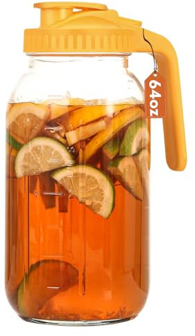 Mihlapi Mason Jar Pitcher With Lid and Spout, 64 OZ Glass Milk Pitcher for milk, Thick Glass Jug Sun Tea Pitcher, Drinks Container, Mason Jar Pour Spout Lid with Wide Mouth for Fridge(1Pack,Yellow)