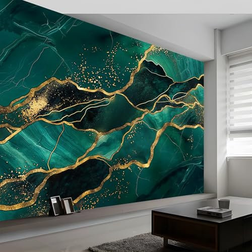 Papier Peint Intissé Vert Foncé Moderne, Rayures De Marbre De Texture Dorée Art Muraux Photo pour Salon, Chambre, Bureau, 300 x 210 cm (WxH) Décoration Peinture Murale Papier Peint Panoramique