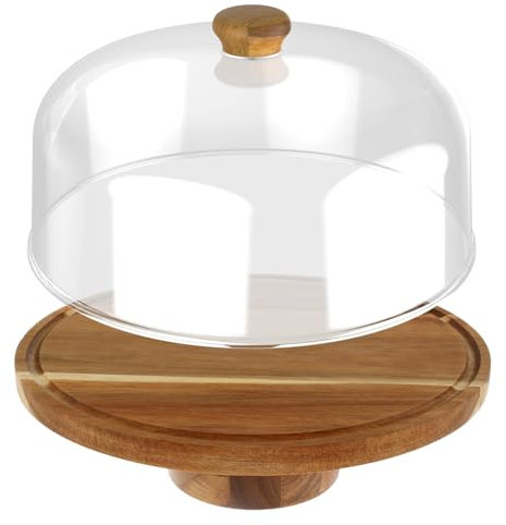 Sutowe Wood Cake Stand with Acrylic Dome Lid 3 in 1 Round Cake Display Plate with Pedestal Acacia Wood Food Serving Platter Cheese Board Chips Fruit Platter