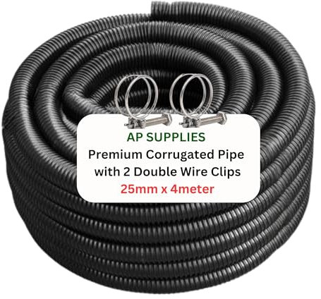 25mm x 4meter Flexible Pond Hose Corrugated Pipe with 2 Clips - Double-Wired Hose Clips for Pond Pumps, Filters, Drainage – Corrugated Water Butt Connector Pipe - Black
