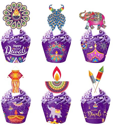 Cupcake-Topper und Wrapper-Set Happy Diwali, violett, indische Deepavali-Cupcake-Dekoration, indisches Diwali-Festival, Party-Dekorationen für Hindu, Diwali, Indien, Festival der Lichter,