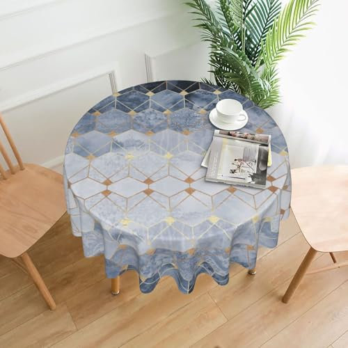 POKIKKJH Abwischbare Tischdecke mit blauen Sechsecken und Diamanten, rund, 152 cm, für Esstische und den Außenbereich