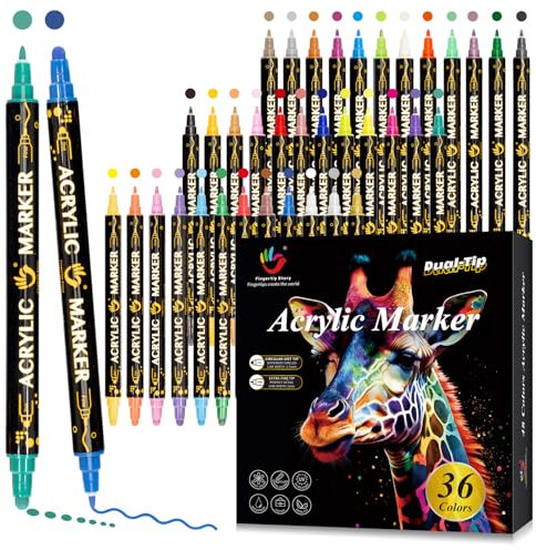 FINGERTIP STORY Acrylic Paint Pens, 36 Colours Dual Tip Acrylic Pens for Rock Painting, Wood, Glass, Ceramic, Stones, Fabric, Canvas, Craft, Waterproof Brush Pens, Acrylic Marker Pen Set