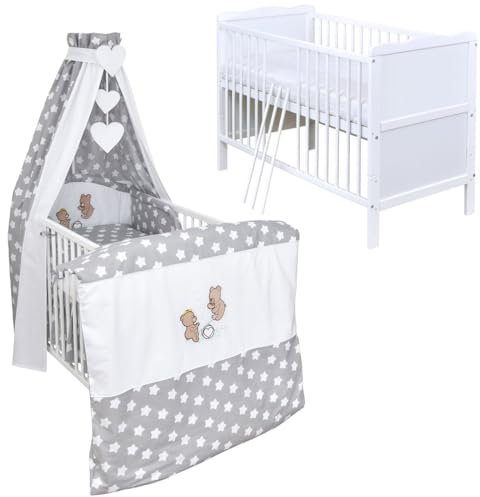 Generisch Baby Delux Babybett Komplett Set 9-TLG Kinderbett umbaubar zum Juniorbett 70x140 Matratze Jack Bettset Vollstoffhimmel (Wippe Big Stars Grey)