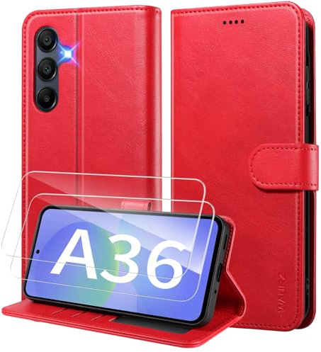 WAURZ Coque pour Samsung Galaxy A36 5G Etui Coque avec 2 Verre Trempé Porte Carte Clapet à Rabat Portefeuille Cuir Case Housse Protection Flip Cover Étui Coque pour Samsung Galaxy A36 5G,Rose