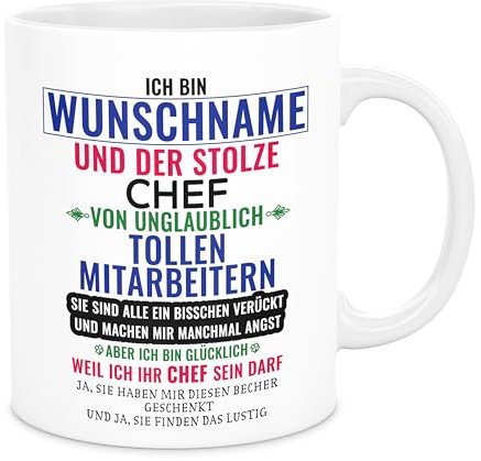 Birne3-design - bedruckte Tasse, Ich bin Wunschname und der stolze Chef, personalisiert, beidseitig, Geschenk, Büro, Kollgen, Kaffeetasse (weiß)