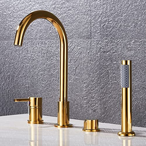 Badewannenarmatur Duscharmatur Aufsatz für Badewanne, 4-Loch Wannenarmatur mit Handbrause, Duschmischbatterie Gold