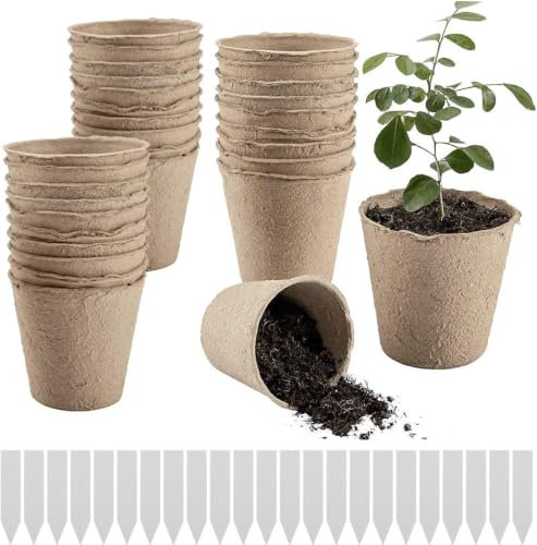 50PCS Biodegradable Plant Pots - Small Plant Pots for Seedlings, Seed Pots, Mini Plant & Flower Pots, Root Trainers, Sweet Pea Pots, Deep Root Seed Trays, Compostable Nursery Containers with 50 Labels