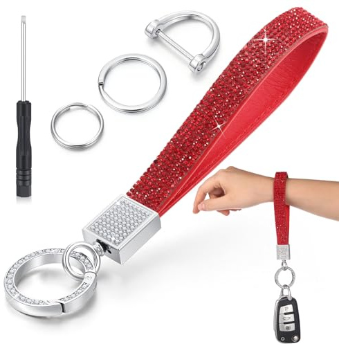 Huquary Bling Strass Leder Auto Schlüsselanhänger 11,9 cm Schlüsselhalter mit Strass glänzend für Frauen Mädchen Weihnachtsgeschenke, Rot/Ausflug, einfarbig (Getaway Solids), Leather lanyard 4.72