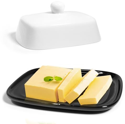 LUBOXIN Black and White Ceramic Butter Dish with Lid, Rectangular Butter Dish with Lid, Vintage Ceramic Butter Container for Countertop , Kitchen Deco, Butter Storage(16.5cm*13.3cm*8cm)