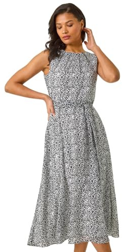 Roman Animal Print Pleated Chiffon Dress for Women UK Ladies Spring Everyday Summer Holiday Round Neckline Comfy Sleeveless Soft Fit & Flare Frock Midi Length Gowns White