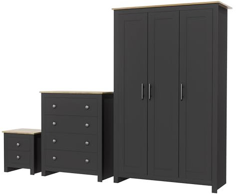 Nera 3 Piece Bedroom Furniture Set 3 Door Wardrobe Set Chest of Drawers and Bedside Cabinet Bedroom Storage (Grey on Oak)