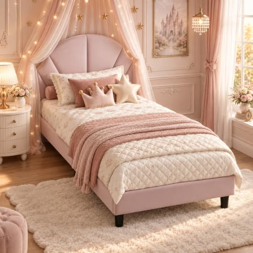BRILVERDE Einzelbett 90x200 cm Kinderbett, Jugendbett mit Verstellbares Kopfteil, Bettgestell mit Lattenrost, Prinzessin Bett, Mädchenbett, Samt (Rose, 90 x 200 cm)