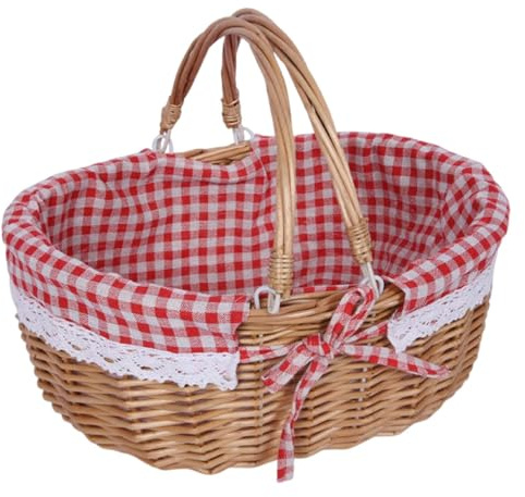 KiBcsLic Picknickkorb Holz Outdoor Korb mit Zwei Deckeln Und Robustem Griff Dekorativer mit Herausnehmbarer Leineneinlage für Lebensmittel Obst Und Sn, Rot Kariert