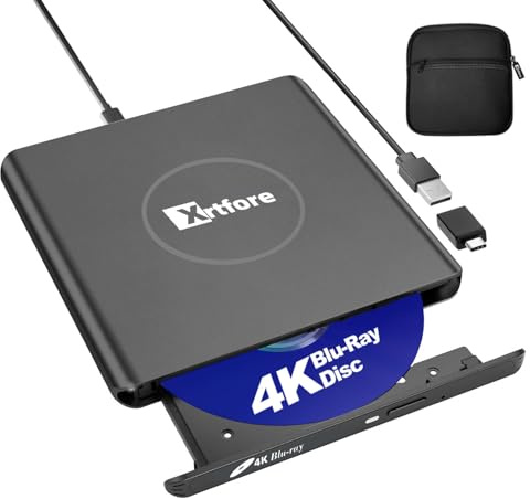 XRTFORE Lecteur Blu-ray externe 4K, graveur Blu-ray 4K en aluminium avec étui de transport, lecteur USB 3.0 UHD, lecteur optique externe DVD+/-RW pour ordinateur portable MacBook Pro Windows