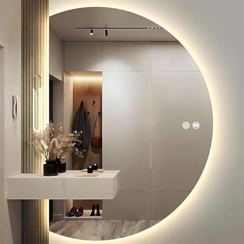 Mbbpftse Halbrund Spiegel mit Beleuchtung, Asymmetrischer Wandspiegel mit 3 Farbmodi, Antibeschlag Badezimmerspiegel, Touch-Sensor, Rahmenlos für Bad, Schlafzimmer, Flur (63 * 90cm)