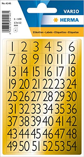 HERMA 4146 Zahlen Aufkleber gold 1-100, 216 Stück, 13 x 12 mm, selbstklebend, klein, Nummer Ziffer Klebezahlen Sticker Hausnummern aus Folie zum Aufkleben, schwarz