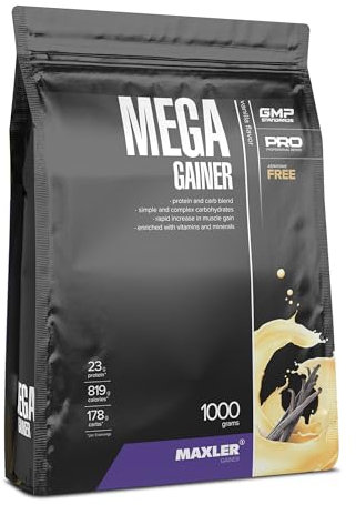 Maxler Mega Gainer - Gain de poids pour développer les muscles - Vanille - 1000g - combinaison de protéines, glucides, vitamines et minéraux - 10% de protéines de lactosérum - shake riche en calories