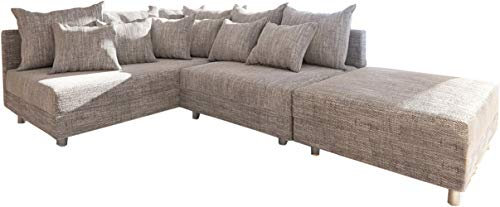 DELIFE Eckcouch Clovis Hellgrau Strukturstoff mit Hocker Ottomane Links modular