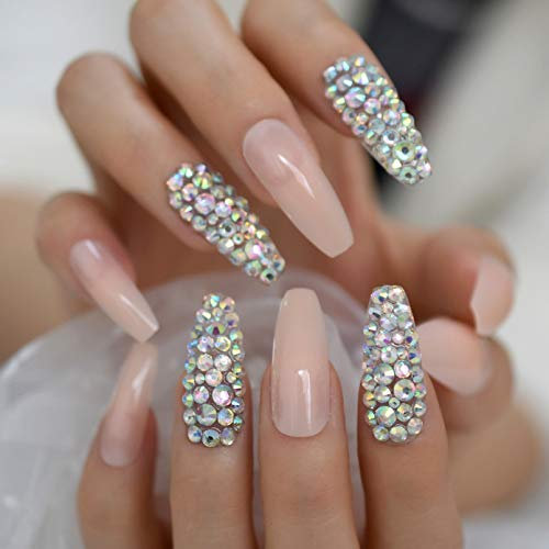 URTJSDG False Nails Bright Neon Orange Press On False Nails 3D Diamond Extra Long Coffin Ballerina Fingersnails