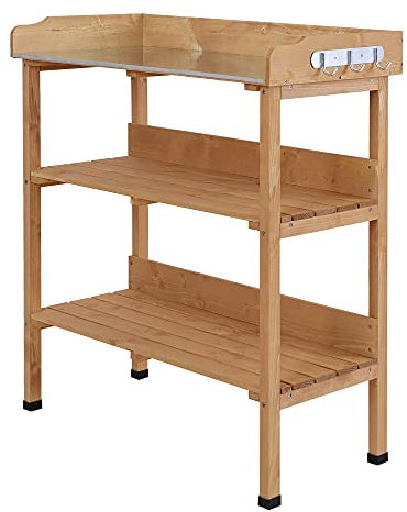 Outsunny Table de rempotage avec 2 étagères 3 Crochets Outils Table de Jardinage Plateau tôle Acier galvanisé avec Rebord - Table de Plantation Bois Sapin pré-huilé