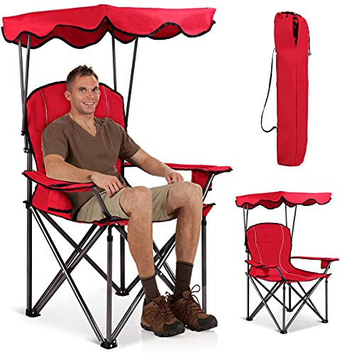 RELAX4LIFE Faltbarer Campingstuhl mit Sonnendach, Angelstuhl Metallrahmen, Strandstuhl mit Getränkehalter & Tragetasche, Klappstuhl bis zu 120 kg belastbar, für Camping Angeln Ausflug Strand (Rot)
