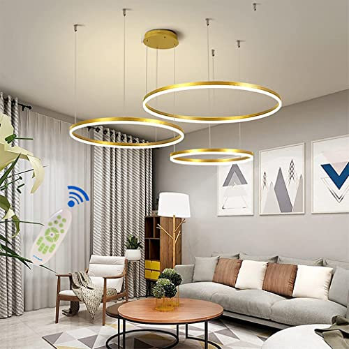 Pendelleuchte LED Esstisch Lampe Mit Fernbedienung Hängeleuchte Dimmbar Höhenverstellbar Kronleuchter Wohnzimmer Pendellampe Metall Ring Acryl Deckenleuchte Esszimmer Hängelampe Küchen,Gold,3 rings
