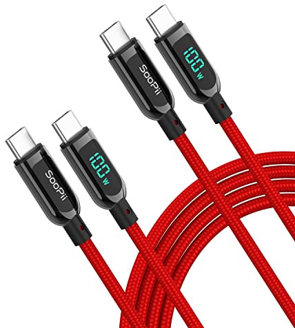 SooPii USB C auf USB C Kabel, [2PACK 1.2M] Nylongeflecht Type-C Kabel,100W PD Schnellladekabel mit LED Display für lPhone 15/15 Pro,lPad Air, MacBook Pro, Galaxy S23/S22 (Rot)