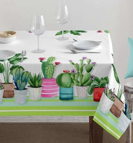 LARA MORADA - Tovaglia da Tavola, per Pranzo e Cena, Cotone Ioneta, 70% Cotone 30% Poliestere, Stampa Digitale Linea Elegance, 6 Posti, 140cm x 180cm, Cactus