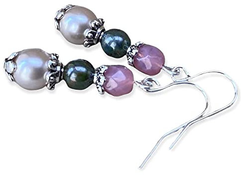 Neu!! Vintage Ohrringe mit böhmischen Glasperlen/Glaswachsperlen - weiß, ivory, tannengrün, rosa opal & silber