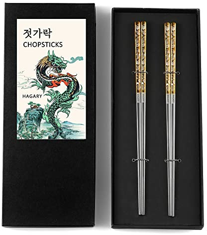 Hagary Lot de 2 paires de baguettes Dragon en métal réutilisables de style japonais en acier inoxydable 316 18/10 antidérapantes, passent au lave-vaisselle et gravées au laser (doré)