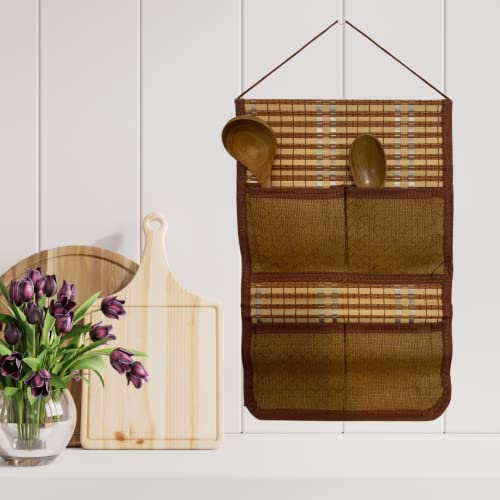 MYSELF NARAMAKI® Aufbewahrungsbox mit 4 Taschen für die Küche + 1 Schöpfkelle aus Holz 19 cm + 1 Löffel aus Holz 17 cm - Organizer für die Küche (Artikelhalter + Zubehör)