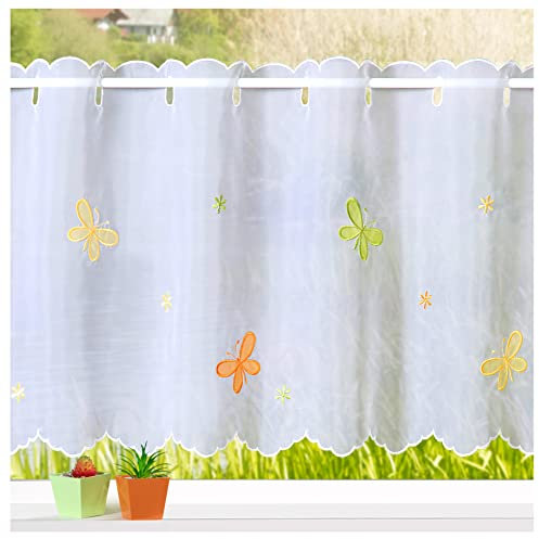 heimtexland ® Scheibengardine Voile Stickerei Schmetterling Deko Gardine Transparent Bunt Bestickt Fensterdekoration Bistrogardine Butterfly Typ820 HxB 45 x 118 cm