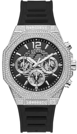 GUESS US Men's Silver-Tone and Black Silicone Multifunction Watch, schwarz, GW0518G1