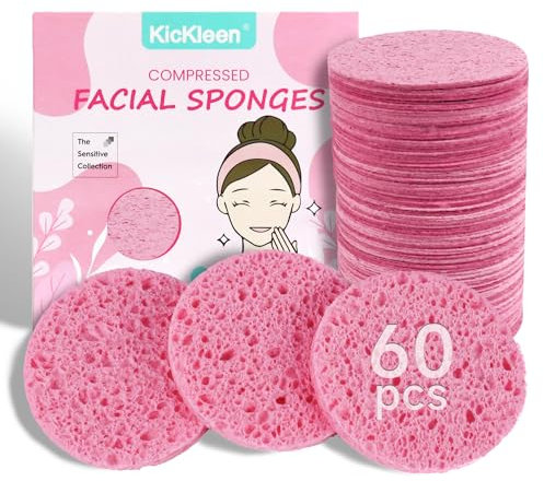 60-Count Compressed Facial Sponges|Kickleen 100% Natural Cellulose Cosmetic Spa Sponges for Daily Facial Cleansing|Makeup and Mask Removal | Exfoliating | Skin Massage | Pore Exfoliation (Pink)