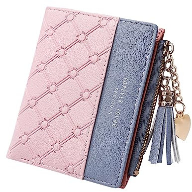 FuninCrea Leather Wallet, PU Small Purses for Women, Bifold Card Holder Small Purse with Zipper Coin Pocket, Multicard Women's Wallets Coin Purse for Cash, Cion, Card, Bill (Pink)