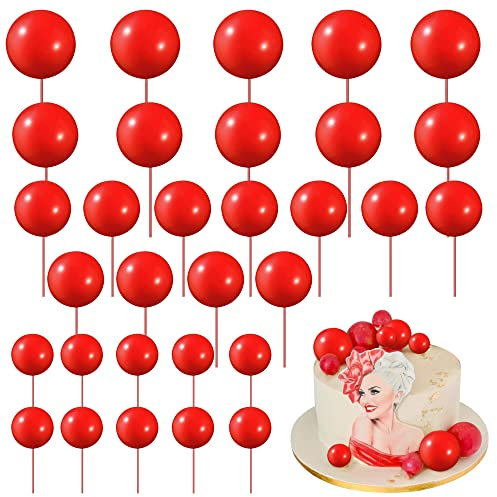 SYKYCTCY 24 PCS Balls Cake Toppers Ball Cake Picks Foam Ball Shaped Cupcake Toppers Mini Balloons Baby Shower Cake Decorations for Wedding Enaggement Bridal Shower Birthday Party Supplies Red