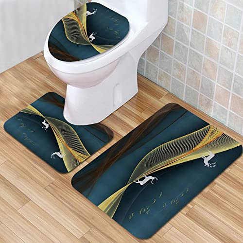 IUBBKI Badezimmermatte, rutschfeste Badematte, goldweiß, Hirsch, Musik, Tiermotiv, Ozean, dunkelblau, Badematten-Set, 3-teilig, saugfähig, rutschfest, Badematte, WC-Vorleger, Badteppich für Badezimmer