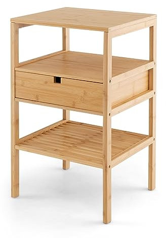 GIANTEX Table de Chevet en Bambou, Table de Nuit avec Tiroir & Étagères, Chevet de Lit Bout de Canapé Simple Moderne à 3 Niveaux, Table d'Appoint Polyvalente pour Salon Chambre Bureau, 40X40X68CM