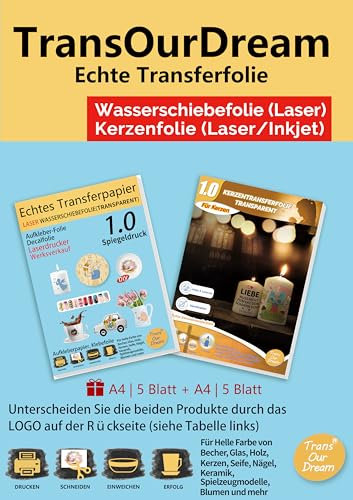 TransOurDream ECHTE Transferfolie Laser Wasserschiebefolie+Kerzenfolie Laser/Inkjet (TRANSPARENT) 5 Blatt+5Sets, Bedruckbares Aufklebepapier für Spielzeugmodelle,Tassen,Keramik, Glas,Kerze (DE-8/12-5)