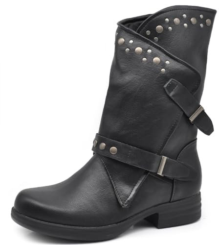 IF Fashion Scarpe Da Donna Stivali Stivaletti Biker Fibbie Anfibi Al Polpaccio Largo Con Borchie 647-2 Nero N.36