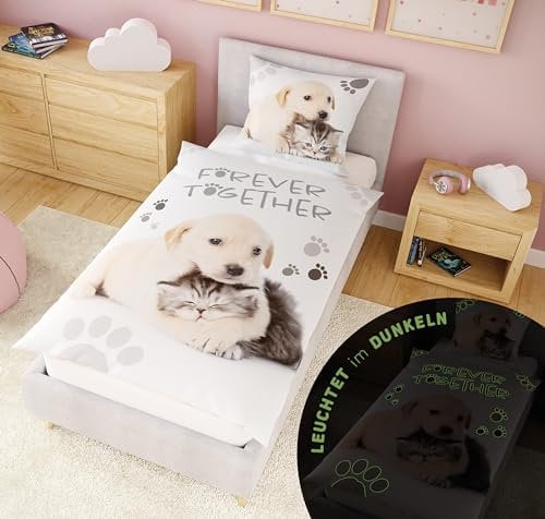 Carpe Sonno Kinder Bettwäsche 135x200 Kinder [Leuchtet im Dunkeln] Hundemotiv Katzenmotiv + 10 Spiele | 100% Baumwolle + Oeko-Tex 100 | Kinderbettwäsche 135x200 | Hunde Bettwäsche Katze