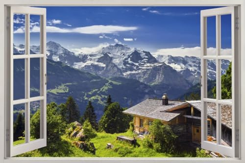 HUBDECO - Wandtattoo - Wanddeko - Selbstklebende Folie - Fototapete - Wandsticker - Fototapete 3d Effekt - Selbstklebende Tapete - Fenster & Bergen Motiv - Lichtung, Tatra-Gebirge - 90x60cm