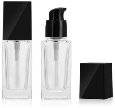 VANTOBEST 2PCS 30ml/1oz Square Glass Emulsion Essence Bottles with Pump Head Empty Cosmetic Makeup Travel Lotion Foundation Essential Oils Container Storage Jar Vials
