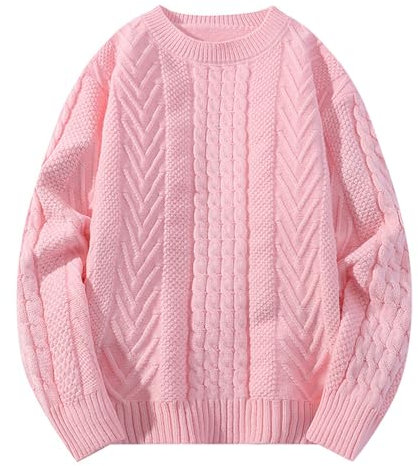 Caxndycing Knitted Jumper for Men Cable Knit Long Sleeve Ribbed High Collar Winter Thick Knitwear Oversize Cotton Crew Neck Sweatshirt, Pink, L
